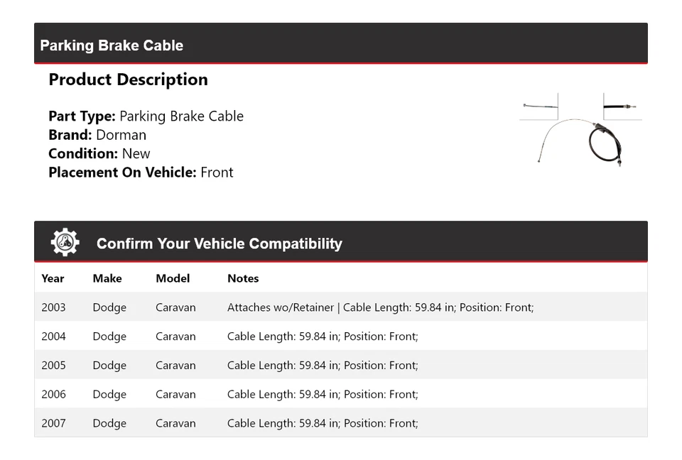 Cable de freno de estacionamiento delantero para Dodge Caravan Dorman 2003-2007 2004 2005 2006 Foto 2 de 4