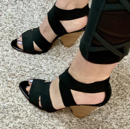 BCBG MAXAZRIA Black Strappy Criss Cross Elastic Stacked Block Heel Size 6.5 - Picture 14 of 16