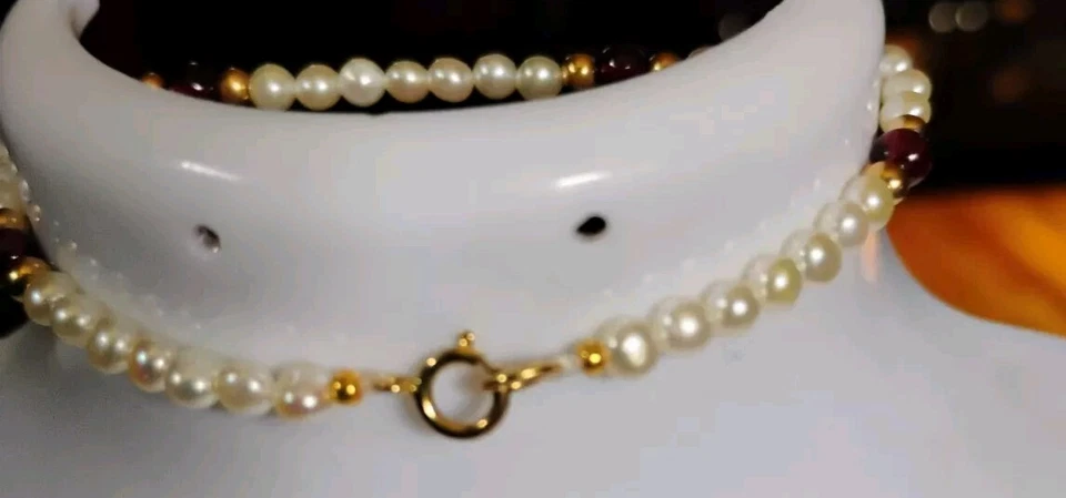 PULSERA ORO 14K FW PERLA SWARVOSKI ELEMENTOS Y CUENTAS GRANATE ROJO 7.25" #60 Foto 2 de 2