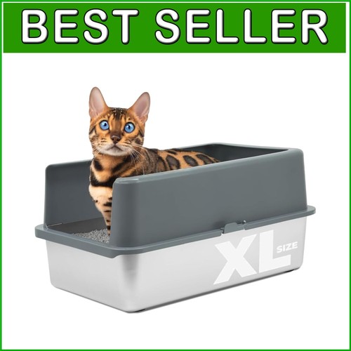 High-Sided Stainless Steel Litter Box for Large Cats - Odor & Stain Resistant