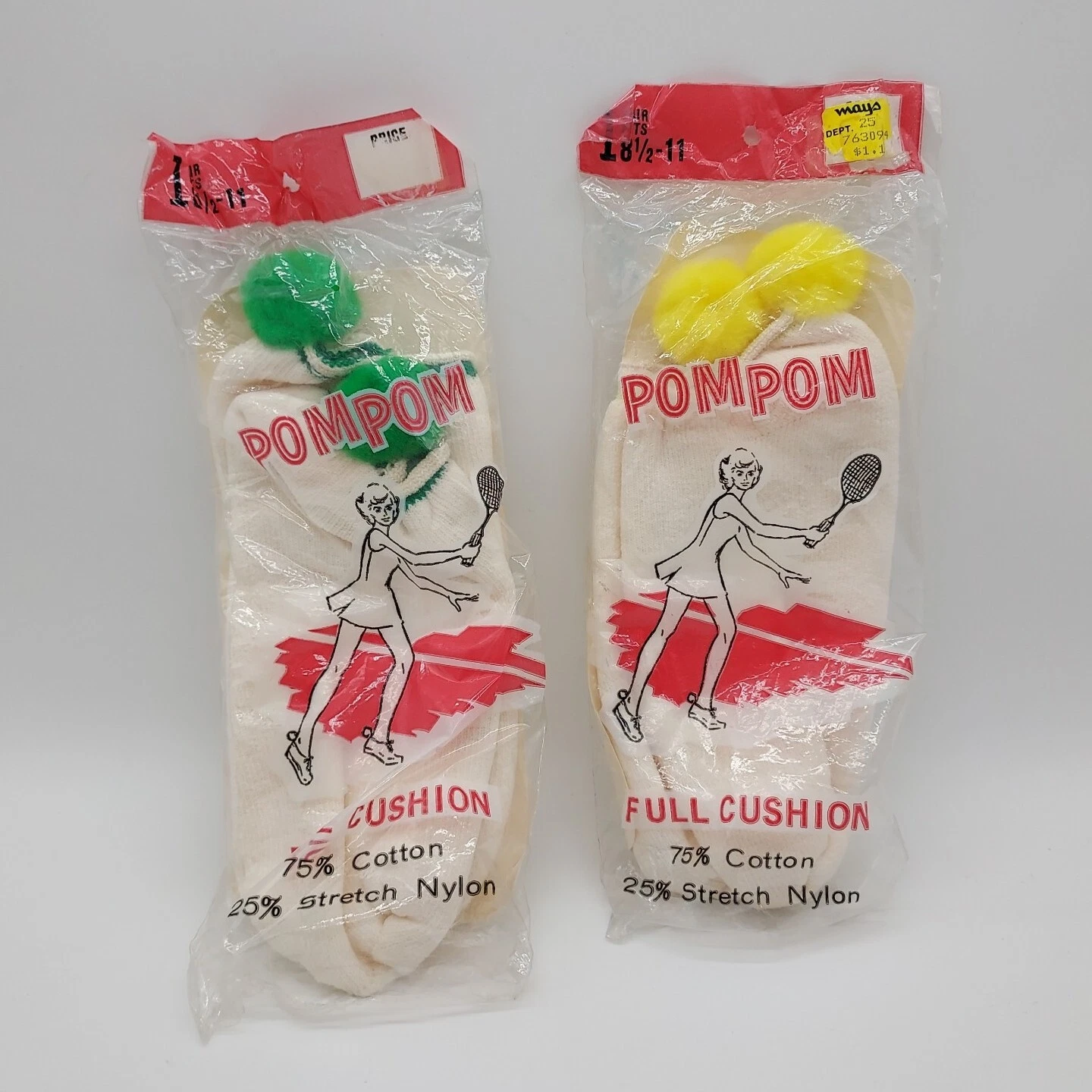 Vintage Lot 2 New Pom Pom Socks Size 8 1/2 - 11 Soft Green & Yellow 75% Cotton