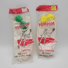 Vintage Lot 2 New Pom Pom Socks Size 8 1/2 - 11 Soft Green Yellow 75 Cotton