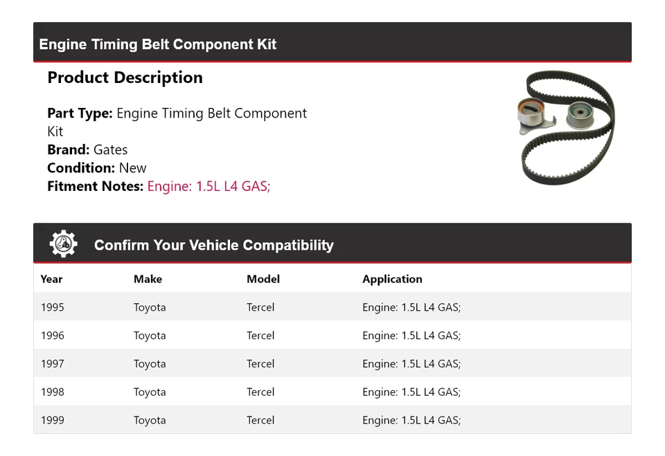 Комплект компонентов ремня ГРМ для ГАЗОВОГО двигателя Toyota Tercel 1,5 л L4 1995-1999 годов выпуска ворота - Изображение 2 из 4