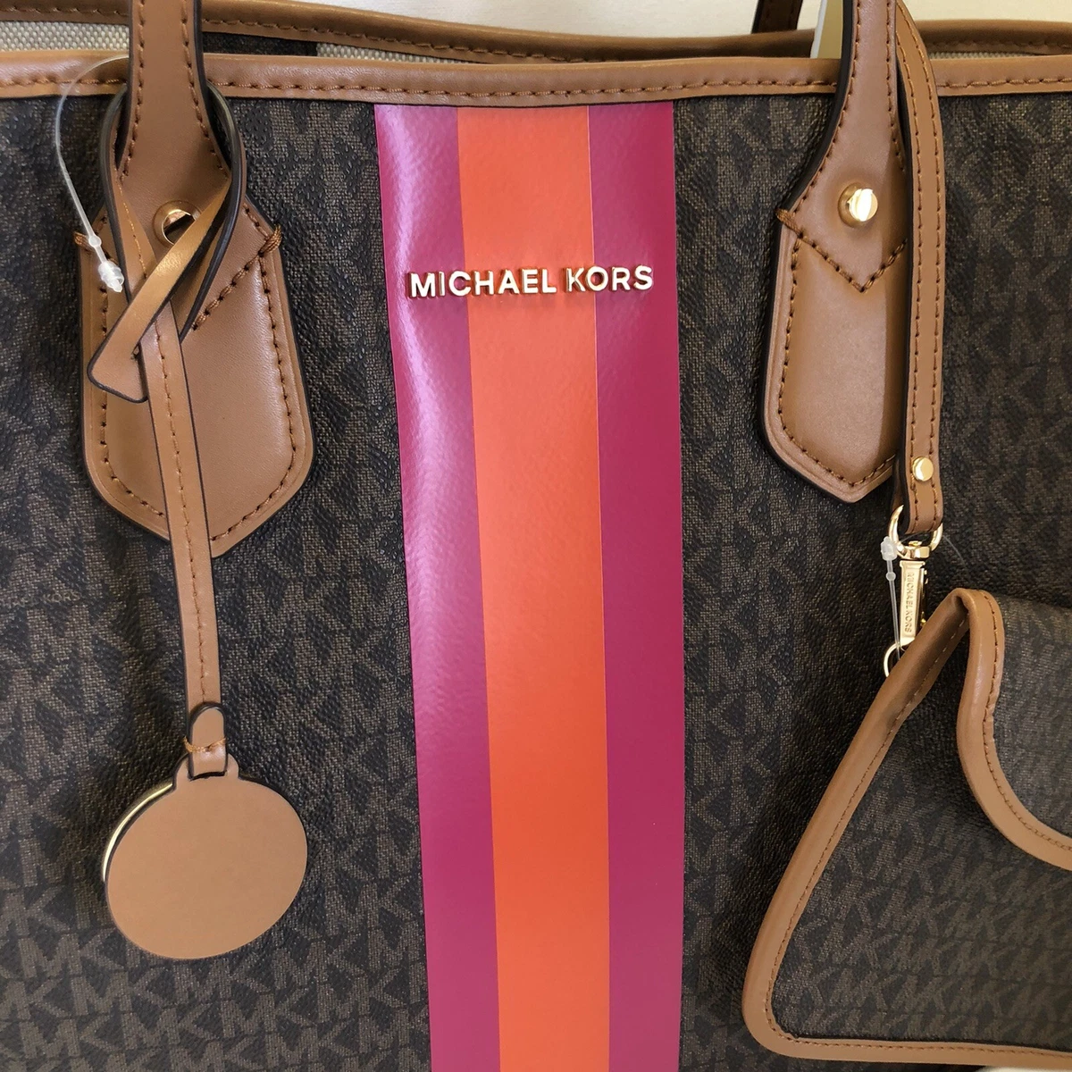 MICHAEL KORS Eva Large Signature Logo Stripe Tote ELECTRIC PINK with Pouch NEW