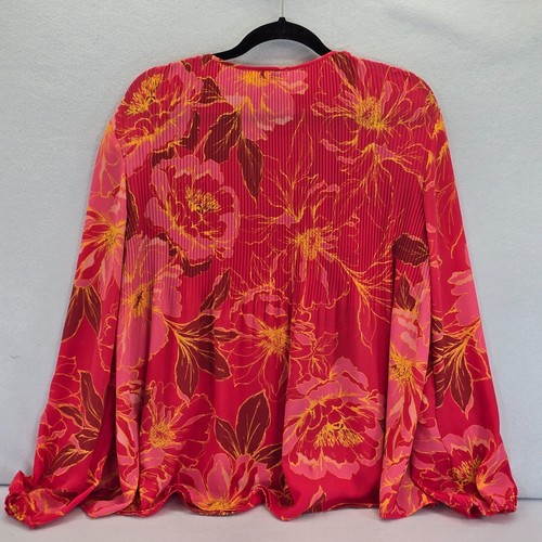 DR2 Womens Pleated Smock Blouse Long Sleeve V Neck Bold Floral Size Large - Picture 2 of 13