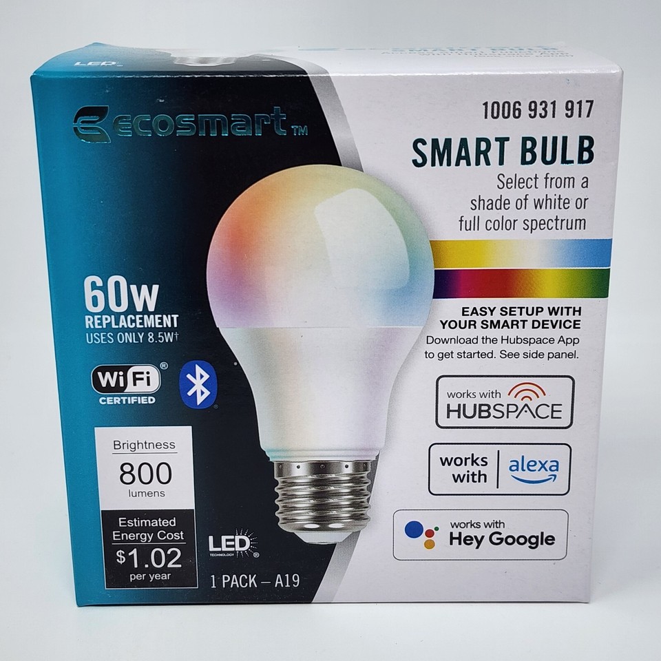 EcoSmart 8.5W Smart WiFi A19 Color Changing LED Lightbulb 800 Lm (6 ...