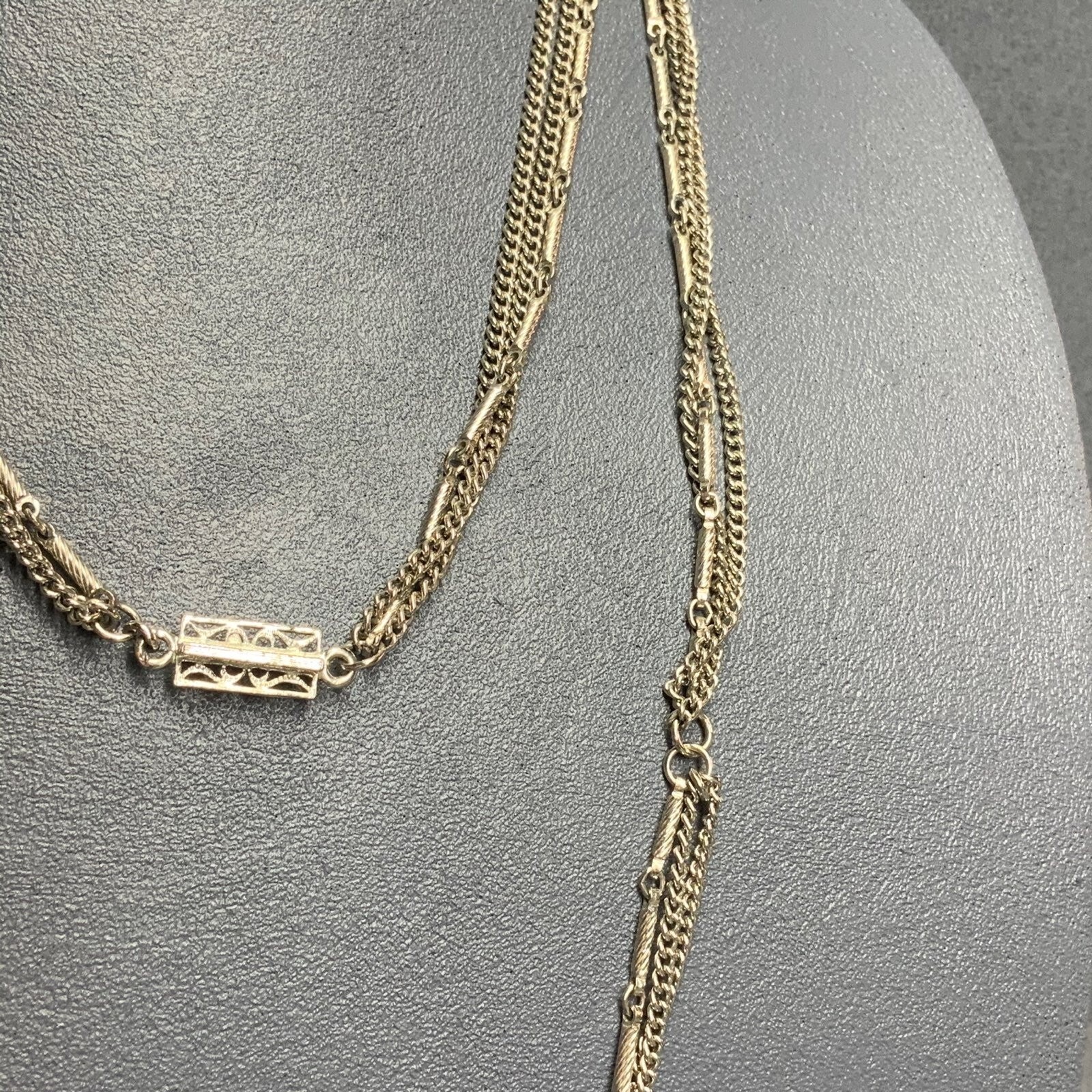 Multi Strand Long Necklace Silver Rectangle Flowe… - image 5