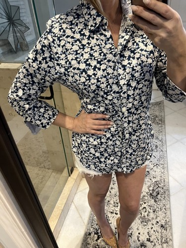 Chaps Damen Bluse bügelfrei blau weiß Print 3/4 gelb Ärmel Baumwolle Large