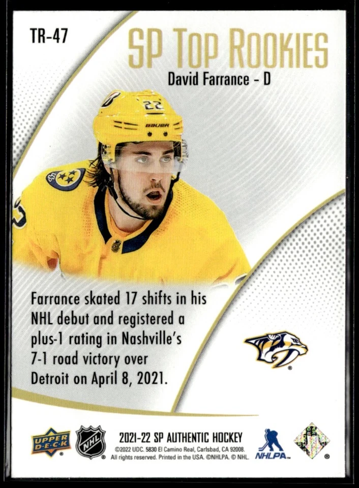 2021-22 Sp authentic Top rookies David Farrance #TR-47 H4R3D - Image 2 of 2