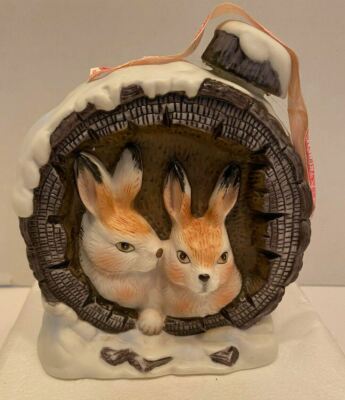 Vintage W.A.Lacey Log Animals Ceramic Snow Rabbits Flask Straight Bourbon Whisky