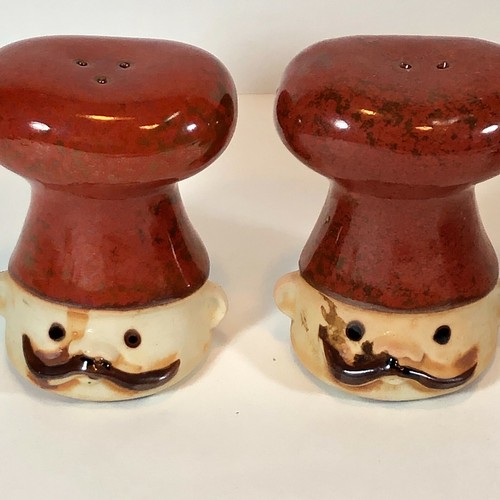 Vintage Salt Pepper Shakers Chef's Heads Cooking Pottery glazed - Zdjęcie 2 z 4