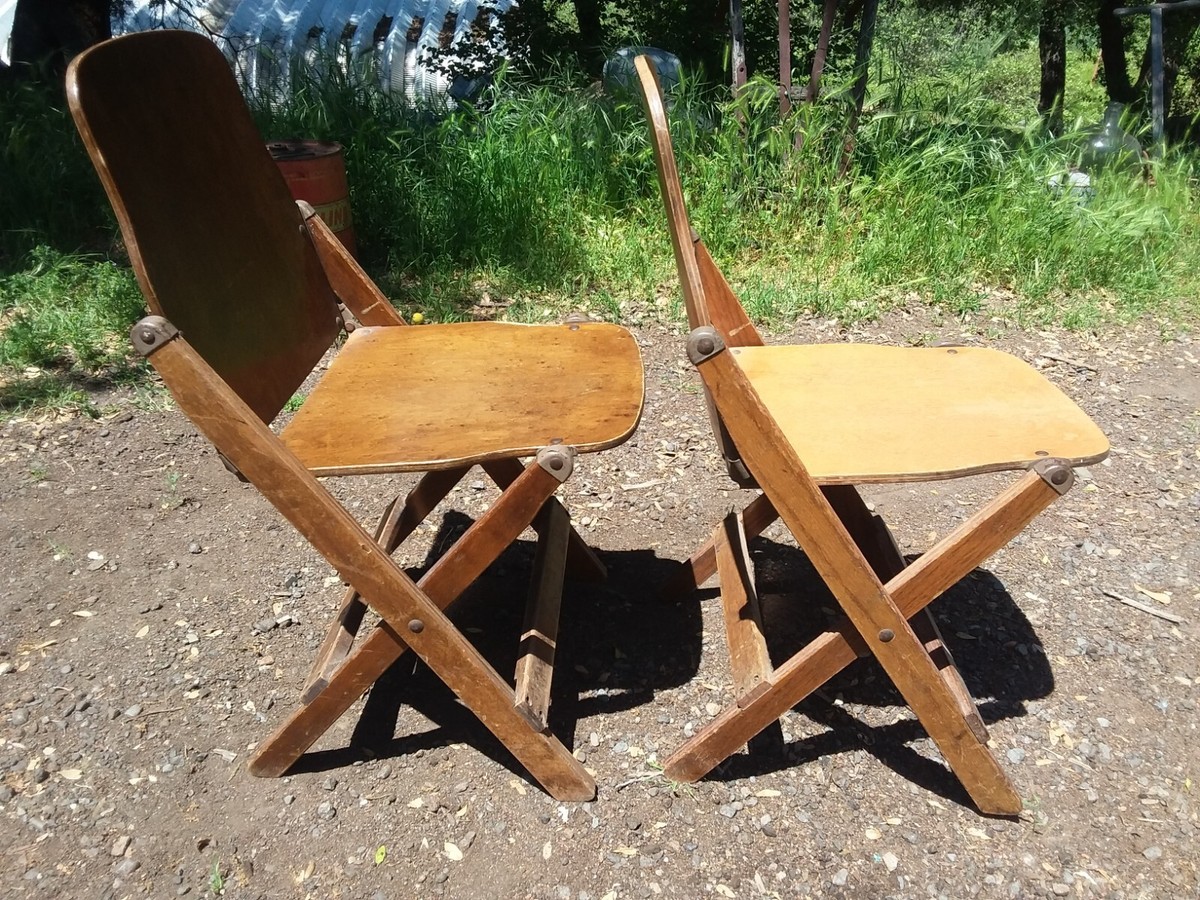 2 VINTG WWII 1940s Folding Wood Chairs American Seating Air Force