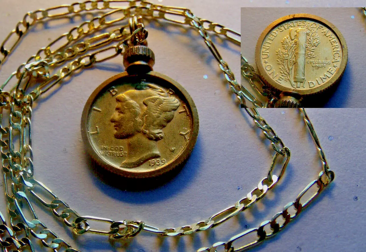 Genuine Gold Plated Mercury Dime Pendant and 18kgf 22