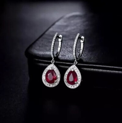 14K White Gold Plated In 3Ct Pear Cut Simulated Red Ruby Drop & Dangle Earrings