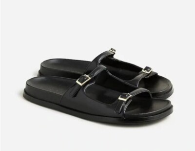 J Crew Sandal Women 10 Black Leather Metal Buckle Slip On Summer Neutral Colbie
