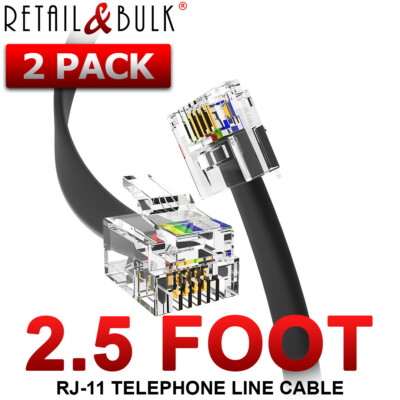 (2 Pack) 2.5 Foot Telephone Cable RJ11 (6P4C) Phone Line Cord, Black