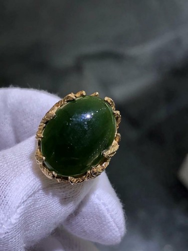 14k Solido Oro Giallo Giada Verde Vintage Halo Mano Fatto Design Anello Sigillo - Foto 10 di 12