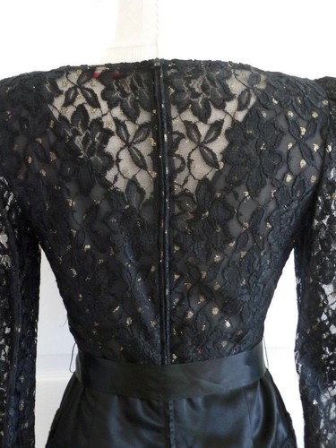 Couture Vintage Halston schwarz Spitze + Satin met Gold Stickerei Cocktailkleid S XS EUC - Bild 4 von 12