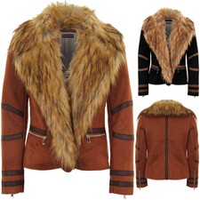 Ladies Long Sleeve Faux Fur Collar Wool Lined Suede Pvc Stripe Biker Jacket