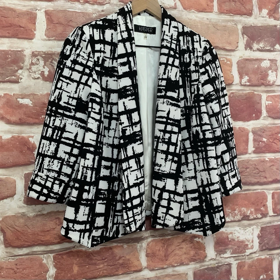 Blazer Kasper Mujer 6 Negro Blanco Abstracto Carrera Informal Frente Abierto Chaqueta Foto 2 de 4