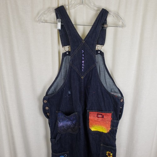 Dickies Painted Bib Overalls Denim Blue Jeans Womens S Cosmic Planets Space OOAK - Picture 2 of 9