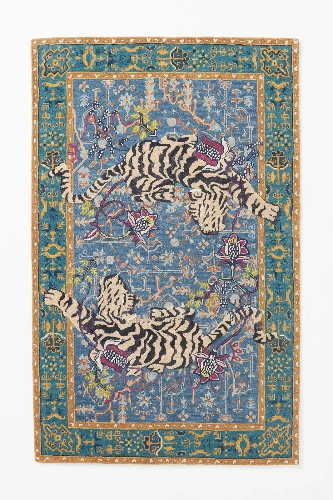 Handmade 100% Wool Tufted Rug Agnes Design Blue Oriental Tiger Pattern Area Rug