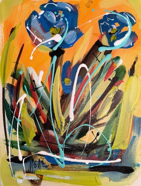 MARIA ELIZABETH Blue Floral 14x11 CANVAS BOARD Original Abstract Modern Home Art