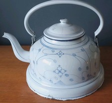 Large Antique French Enamelled Kettle Rustic Brocante Farmhouse Kitchen