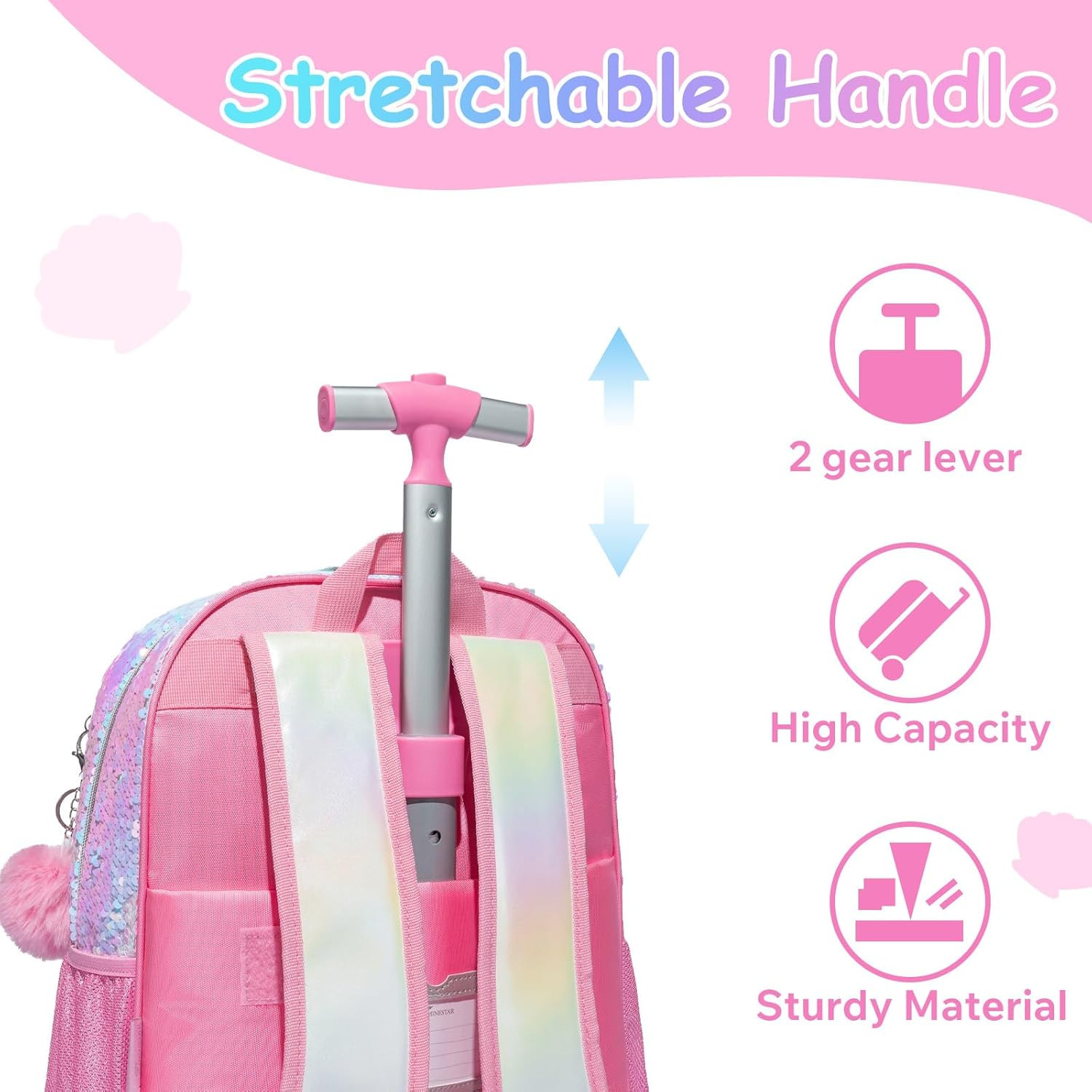 Pink Kids Rolling Cat Backpack Set - 3PCS Trolley Luggage for Girls