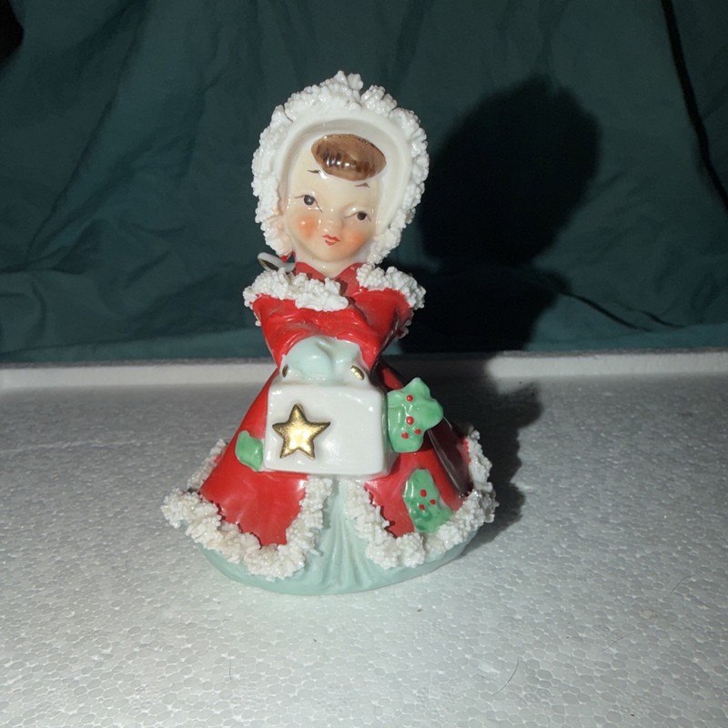 Vintage Japan Hand Painted Ceramic Christmas Girl Figurine Red/White Small 1956