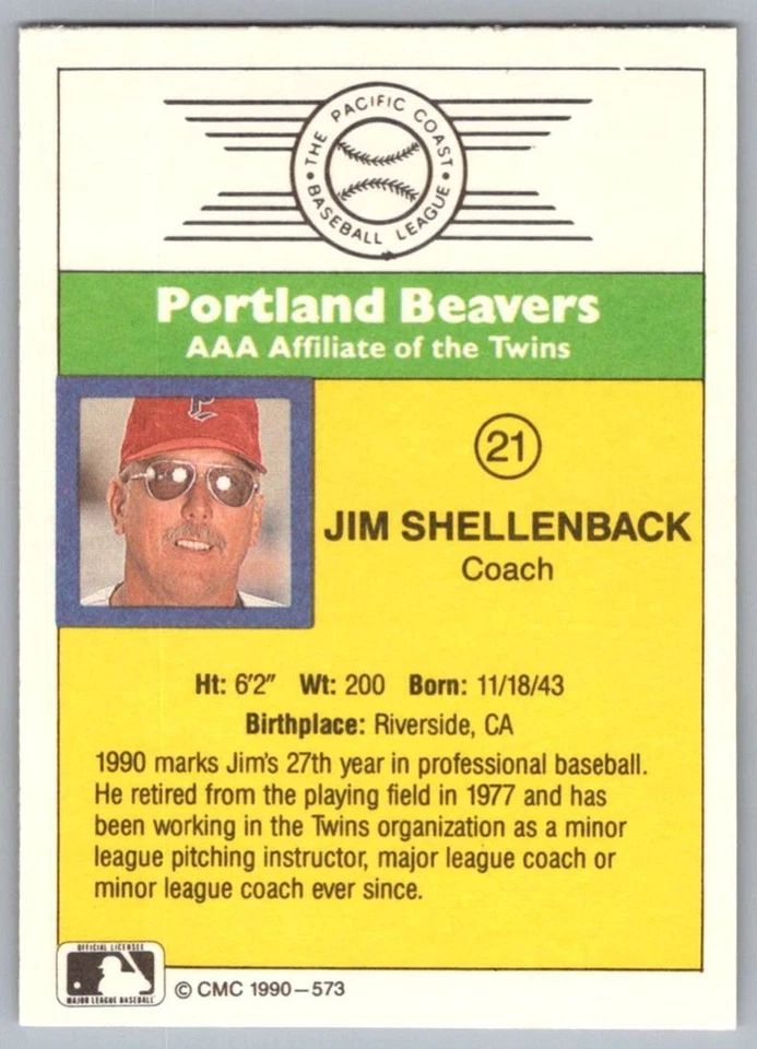 1990 CMC Portland Beavers Jim Shellenback Portland Beavers #21 - Image 2 of 2