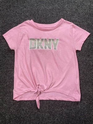 DKNY Girls Size 6 Pink Embroidered Logo Short Sleeve Knot Front T-Shirt VGC
