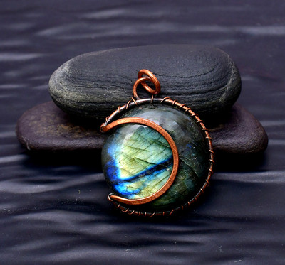 Labradorite Gemstone copper wire wrapped Handmade pendant Jewelry 1.73''
