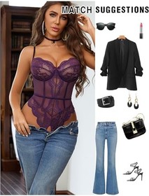  Lingerie Sets for Women Sexy Lace Corset Bodysuit with Garter X-Large Purple