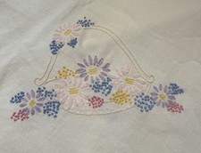 VTG Square White Tablecloth 42 x 40 Floral Embroidered Scalloped Crochet