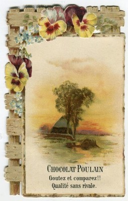 Glanzbilder Oblaten scraps Karte Abendstimmung Stiefmütterchen Poulain 12,4 cm