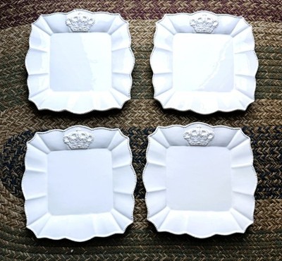 2010 Blue Sky Clayworks White Regal Crown 10'' Square Dinner Plates, Set of 4