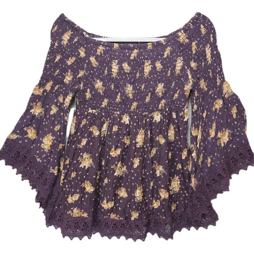 Angie Boho Blouse Sz M Dark Floral Smocked Bust Festival Vamp Lace Off Shoulder