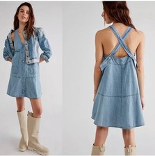 Free People Denim Mini Dress XS Blue Button Down Empire Waist Defined Seaming
