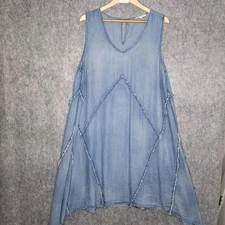 Indigo Thread Co Denim Chambray Dress 1X Sleeveless V Neck Frayed Trapeze