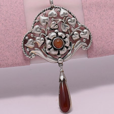 Antique Arts & Crafts HEART Natural Carnelian Sterling Silver Repousse Pendant