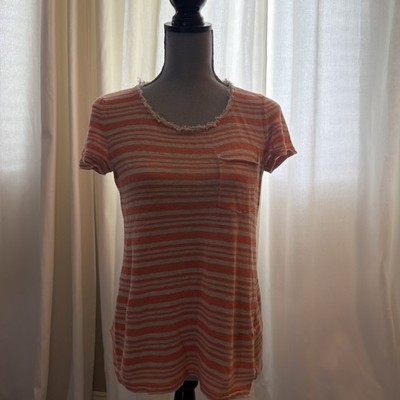 Women's Striped Short Sleeve Top Orange- Beige Size S 100% Linen Threads Saks