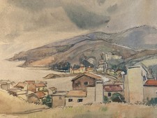 Painting Pittura Villaggio Côte Basco ? Marina Nave Mare Antico 1950 Old Arte