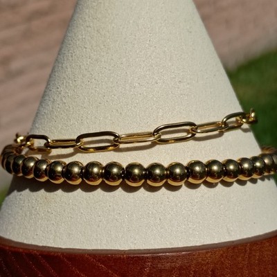 Gold Plated Stainless Steel Bracelets Set Of 2 Paperclip & Beaded Chains 8.6''