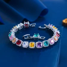 Multicolored Rainbow CZ Women Princess Square Cut Crystal Chain Link Bracelet