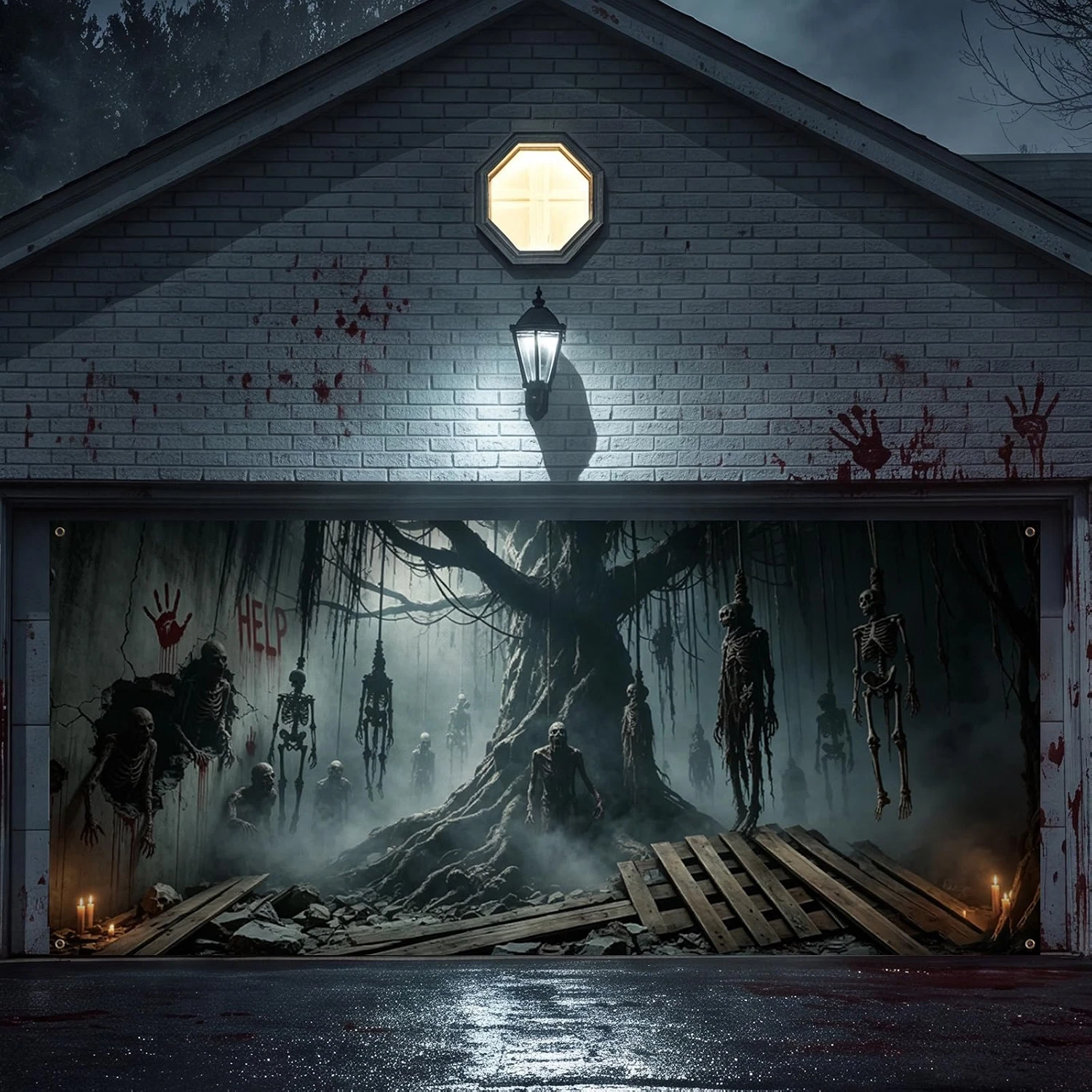 Discover Halloween Garage Door Banner Large Scary Hanging Skeleton Zombie Blood