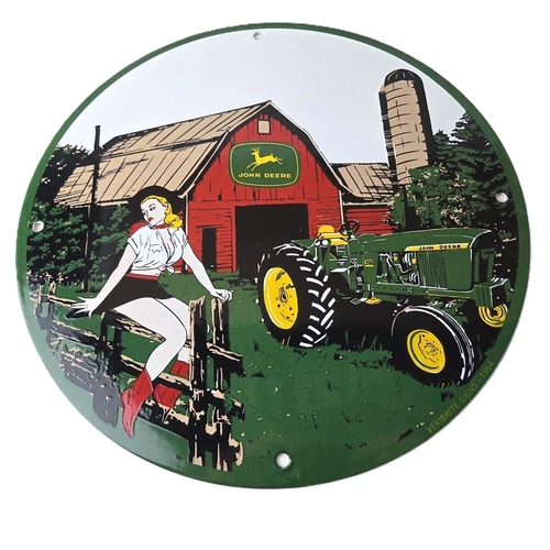 Vintage John Deere Sign - Girl on Fence Porcelain Farm Tractor Gas Pump Sign