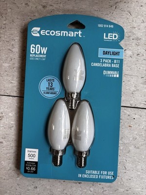 EcoSmart 60w Dimmable LED Daylight 5000K B11 Bulbs Candelabra E12 Frosted