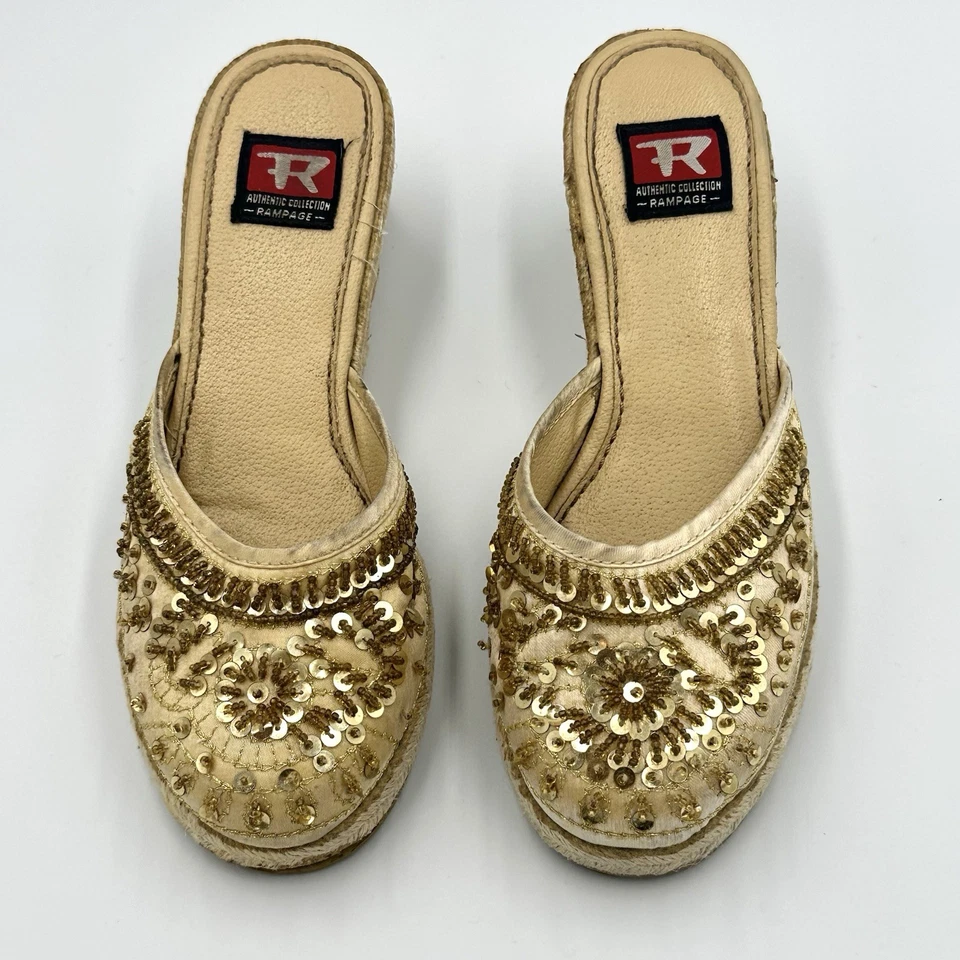 Rampage Vintage Años 90 Dorado/Amarillo Boho Lentejuelas Sin Cordones Cuñas para Mujer 6 Foto 2 de 4