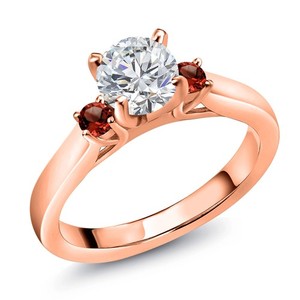 Authentic 0.88 Ct Round G/H Lab Grown Diamond Red Garnet 18K Rose Gold Plated Silver Ring